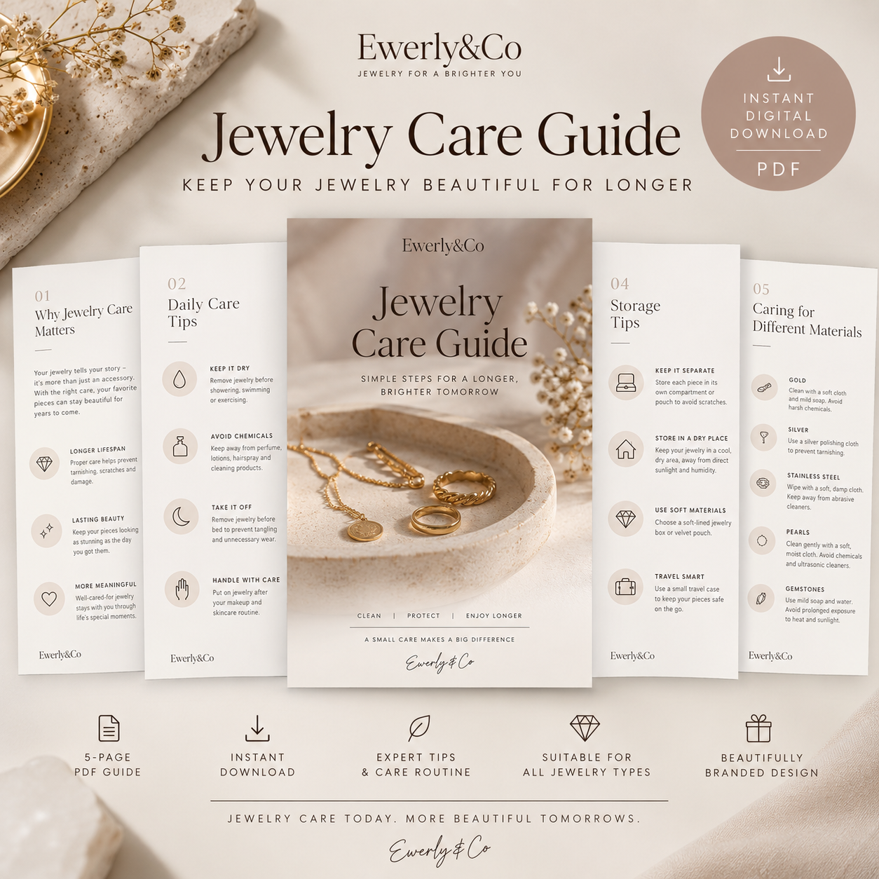 Jewelry Care Guide PDF | Jewelry Cleaning & Storage Tips | Digital Download | Ewerly&Co